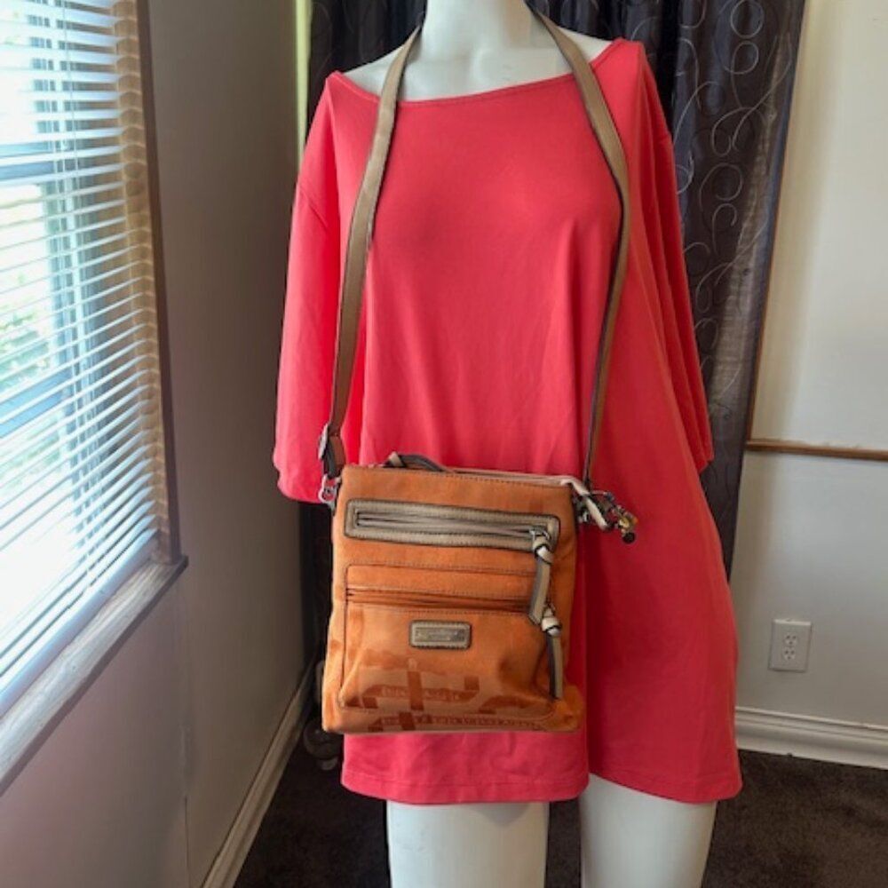 Etienne Aigner Signature Canvas Orange/Tan leather trim crossbody bag
